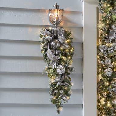 The Cordless Prelit Frosted Silver Holiday Trim ( 32" Teardrop Sconce)