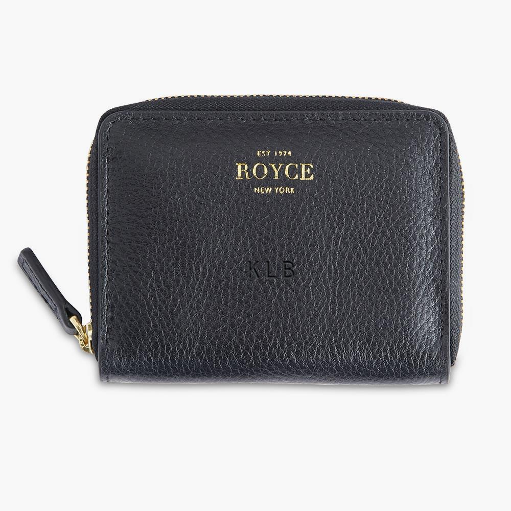 Monogrammed Leather Zippered Compact Wallet - Black