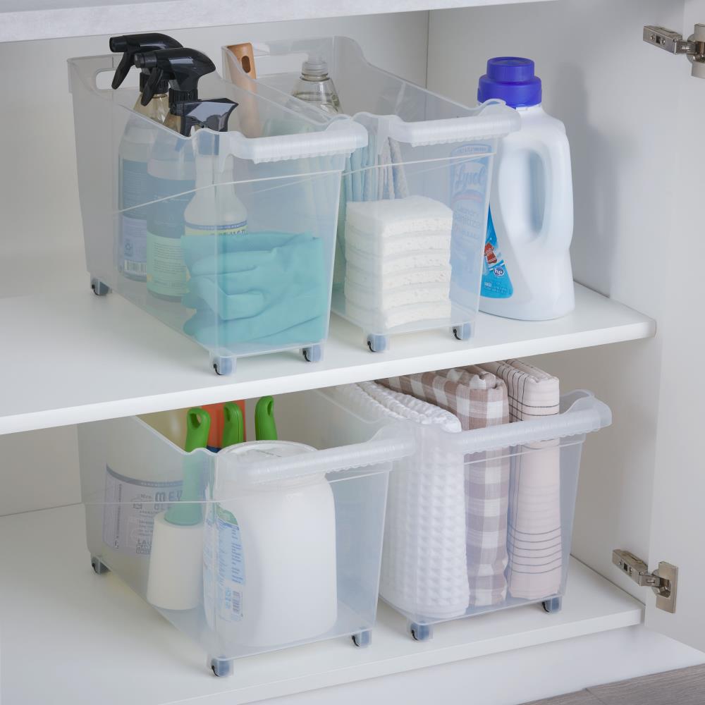 Slim Rolling Storage Bins Clear Cabinet Compartment Organizer White Black  Handle