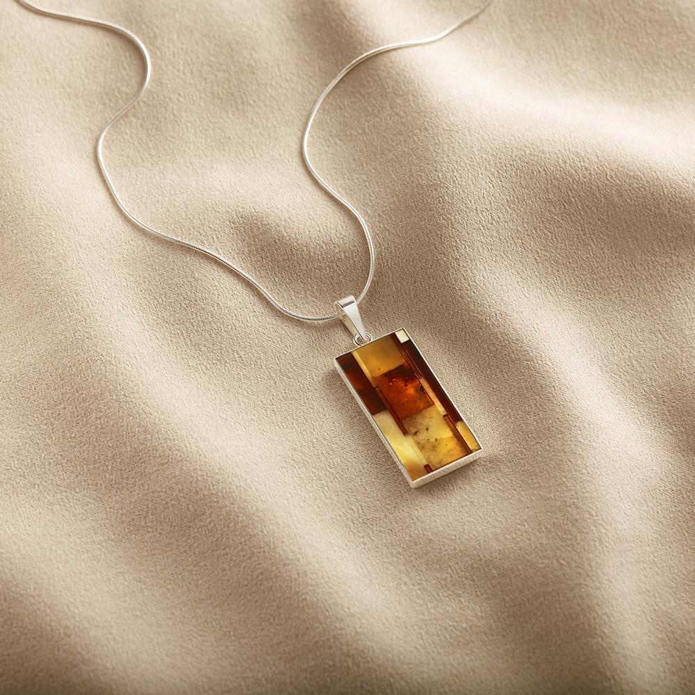 Inlaid Baltic Amber Pendant - Silver