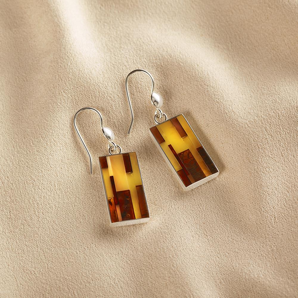 Inlaid Baltic Amber Earrings - Silver