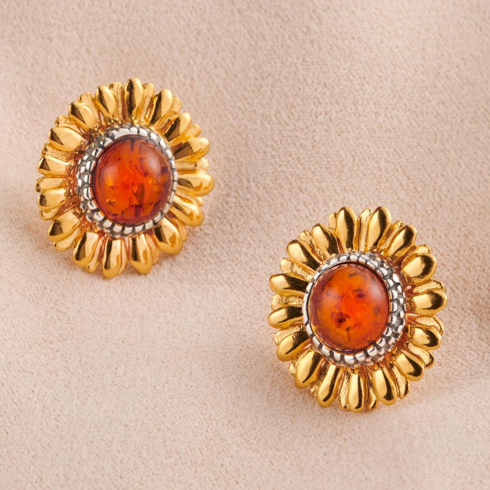 Ancient Amber Sunflower Earrings - Silver