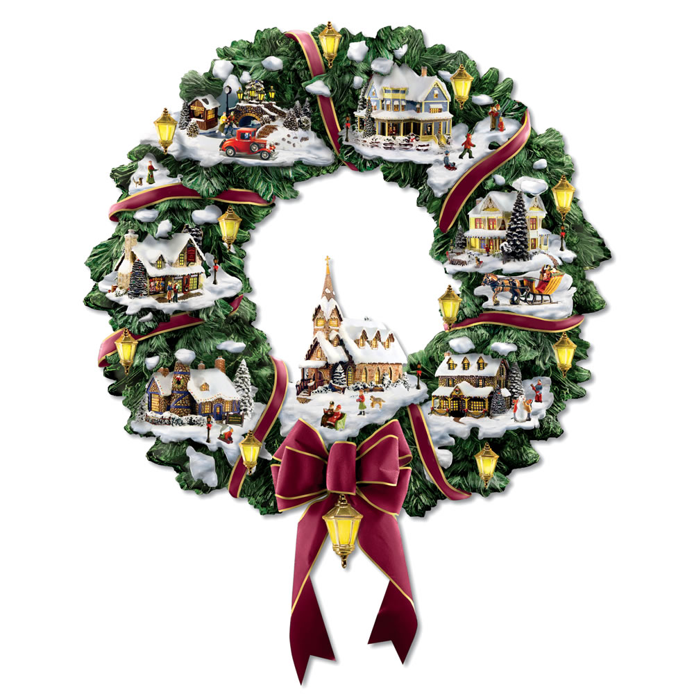 The Thomas Kinkade Illuminated Christmas Village Wreath 