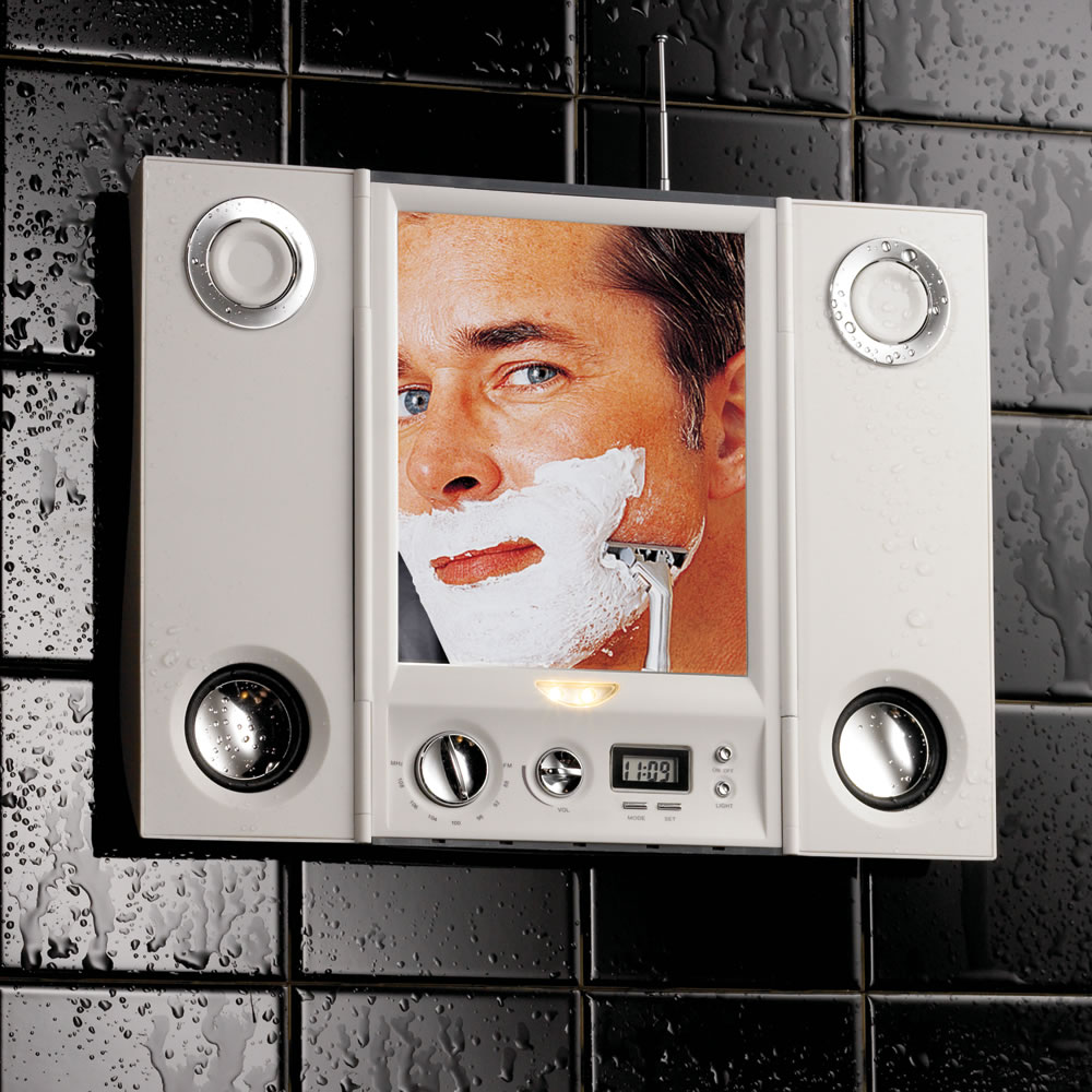 The Any Audio Shower Mirror Hammacher Schlemmer 