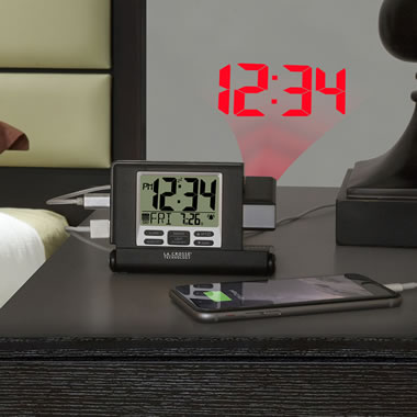 616-1908 La Crosse Technology Travel Projection Alarm Clock with USB Charging 