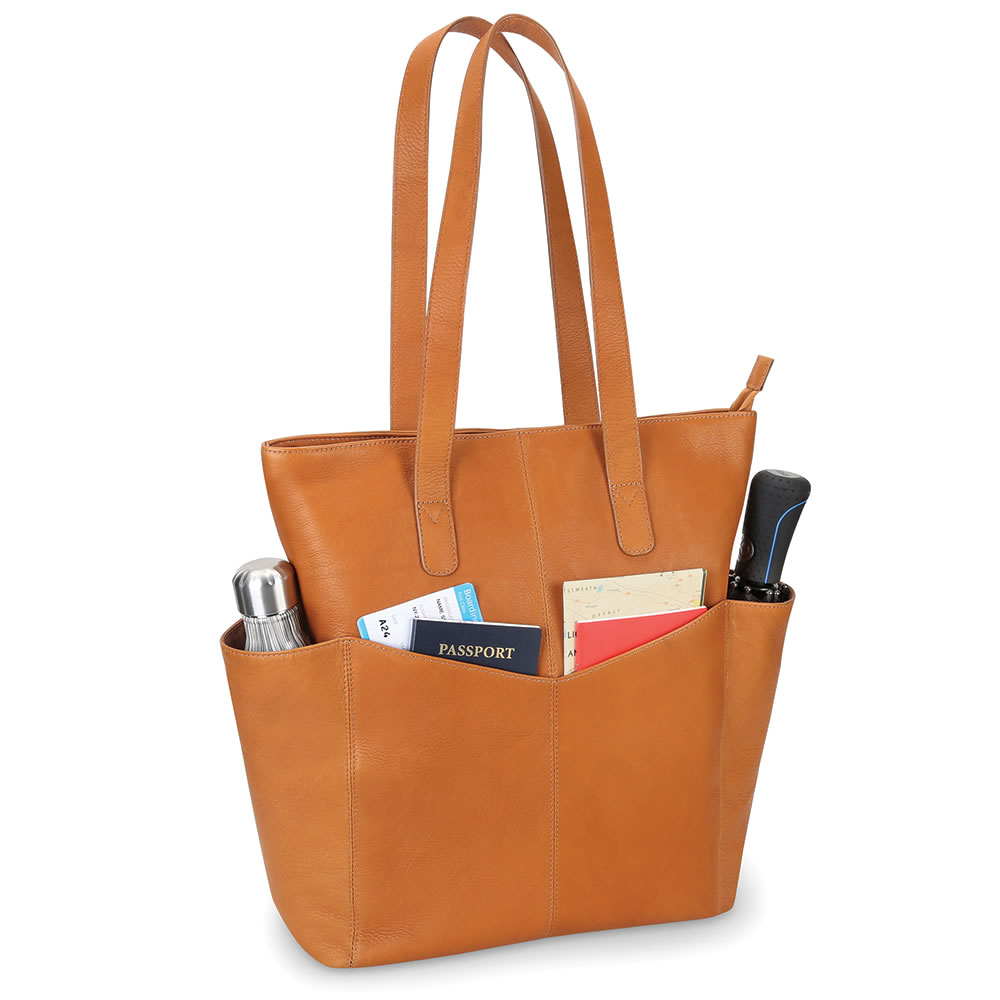 leather tote with water bottle pocket