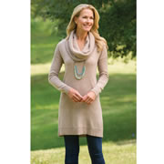 Available exclusively from Hammacher Schlemmer, this is the lady&#8217;s tunic top made entirely from washable cashmere. Practical for everyday wear yet luxuriously soft, the long-sleeve tunic features a stylish cowl neck and falls gracefully to mid-thigh for a flattering look alone or under a jacket. Hand-combed from the fine, downy undercoat of Mongolian Cashmere goats, the fibers in this sweater undergo a proprietary, non-toxic treatment that allows them to withstand repeated washing without shrinking, eliminating the expense and inconvenience of dry cleaning. The 100% two-ply cashmere yarn also provides unparalleled warmth in addition to its classic elegance. Imported. Generous fit. Tan. 32-34" L. Sizes S (38"), M (40"), L (42"), and XL (44").