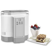 This is the electronic yogurt maker that automatically creates batches of healthy and delicious homemade yogurt from scratch. Simply pour dairy milk or soy milk and yogurt starter (store bought yogurt) into the processing container, then press the start button. After fermenting in the device for up to 24 hours, a built-in cooling system automatically takes over to chill the finished yogurt to the ideal serving temperature. Makes up to 1 1/2 quarts of smooth, creamy yogurt. A digital display counts down fermentation time. Brushed stainless steel exterior wipes clean easily. 11 1/4" L x 11.5" W x 8 1/4" D. (11 lbs.)