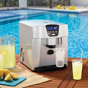 This is the countertop dispenser that makes fresh ice cubes and dispenses water without requiring a plumbing hookup. Ensuring a cold beverage is always available on a patio, deck, or pool terrace, its 1/2-gallon water tank serves nine fresh cubes in less than 10 minutes directly into a glass via a cylindrical dispenser. Digital display enables selection of two cube sizes. Alarm indicates when reservoir is empty. AC plug. 14" H x 12" W x 16" D. (25 lbs.)