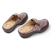 These are the clogs with patented egg crate footbeds that provide enhanced comfort and support. The unique hills and valleys of the insoles help eliminate foot pain and discomfort by providing a mattress-like feel throughout the day. The clogs have a padded collar with elastic gore for comfort and feature a shock-absorbing midsole. With leather uppers on polyurethane and a 1 3/4"-high heel, the durable clogs withstand the daily rigors of work and wipe clean with a damp cloth. With an antimicrobial microfiber footbed lining and upper lining. Black and Gray or Multicolor. Women&#8217;s whole sizes 6-10.