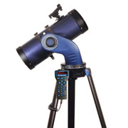 This is the star-tracking telescope that provides a guided audio tour of the night sky. It provides over four hours of narration that covers 500 objects from its vast 30,000-object database, including planets, galaxies, and nebulae, tracking each in real time while maintaining focus. This reflector has a 130mm objective mirror that gathers optimal light from deep sky objects at magnitudes imperceptible to the unaided eye and delivers crisp images that are rich in contrast with a 1,000mm focal length and 9mm and 26mm Super Plossl multicoated eyepieces. Its integrated bubble level/compass assists initial alignment while its red dot viewfinder provides impromptu spotting. Sturdy aluminum tripod provides optimal image stability and convenient adjustability. Requires six AA batteries. 58" H x 24" Diam.u00A0(15 1/4 lbs.)u00A0u00A0
