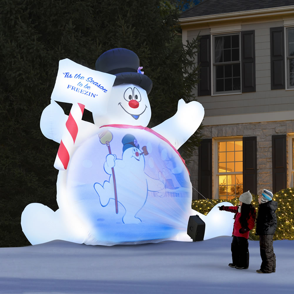 Video Projecting 10' Frosty The Snowman - 10 1/2' H X 10' W X 4' D - Red , Holiday Yard Decorations