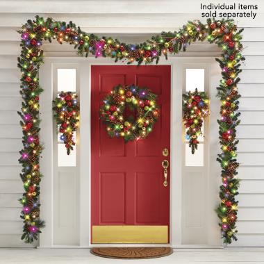 The Cordless Prelit Crimson And Gold Holiday Trim Wreath 30" 80 LEDs w/Remote 