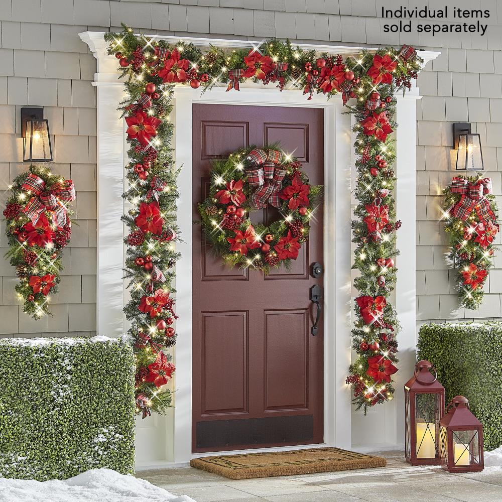 Cordless Prelit Poinsettia And Ribbon Holiday Trim - Red