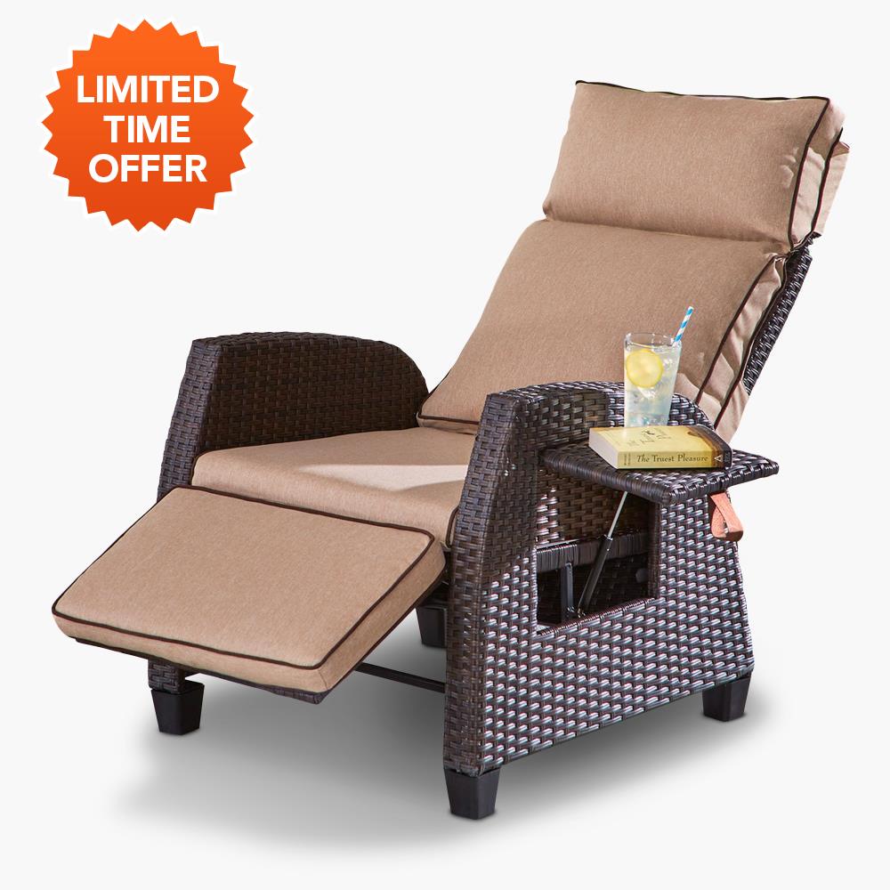 Weatherproof Outdoor Cushioned Recliner With Pop-Up Side Panel,Resin Wicker With Steel Frame