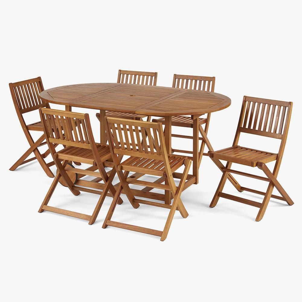 Gateleg Oval Patio Table And Six Stowable Folding Chairs , Weatherproof Brazilian Eucalyptus