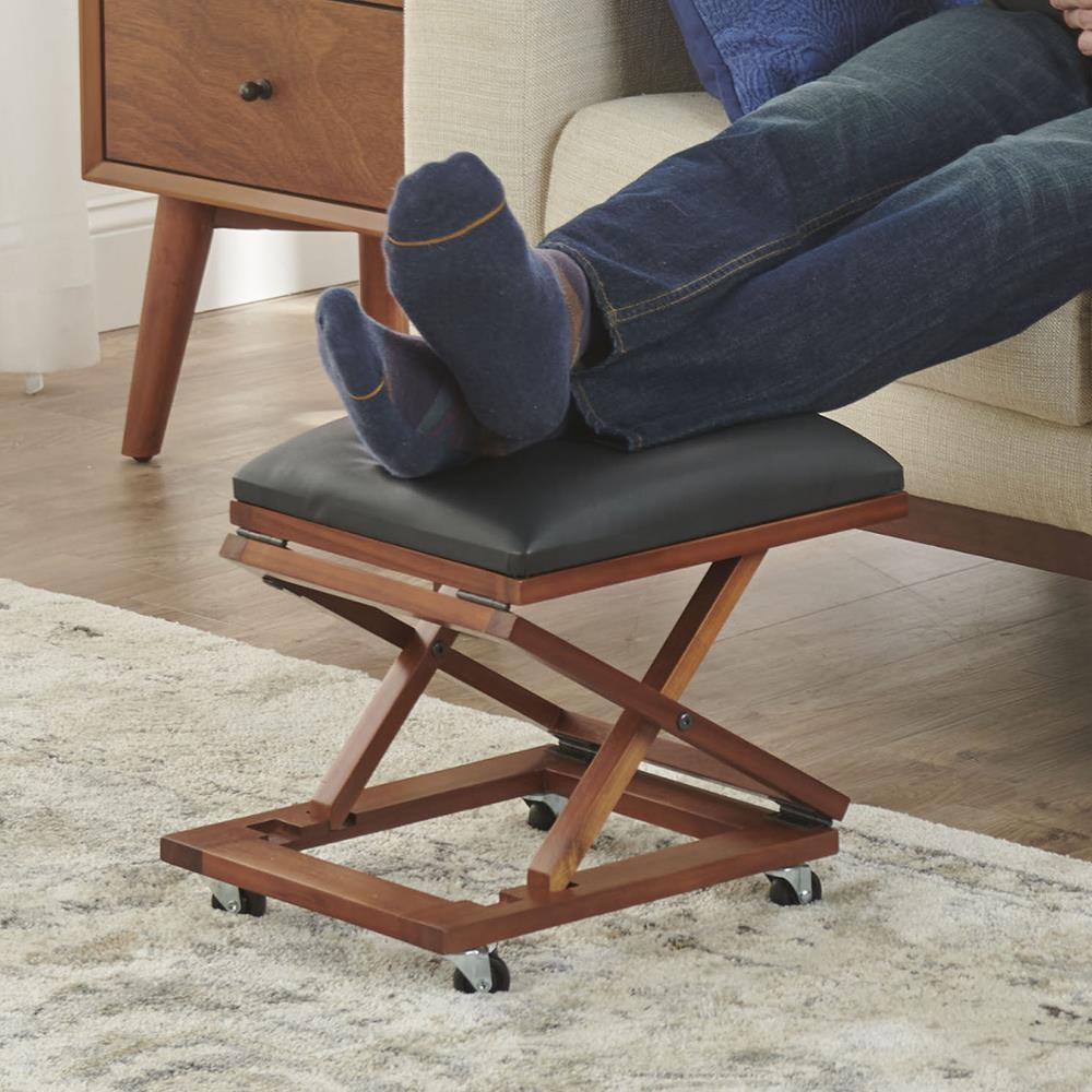 Footrest Foldaway Elevated Foot Stool Under Desk - Adjustable Height Foot  Rest -Rolling Wood Ottoman (Black Leather)