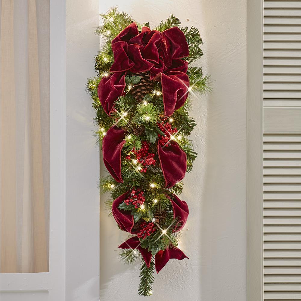 Cordless Prelit Holly/Berries/Ribbon Holiday Trim - Sconce - White