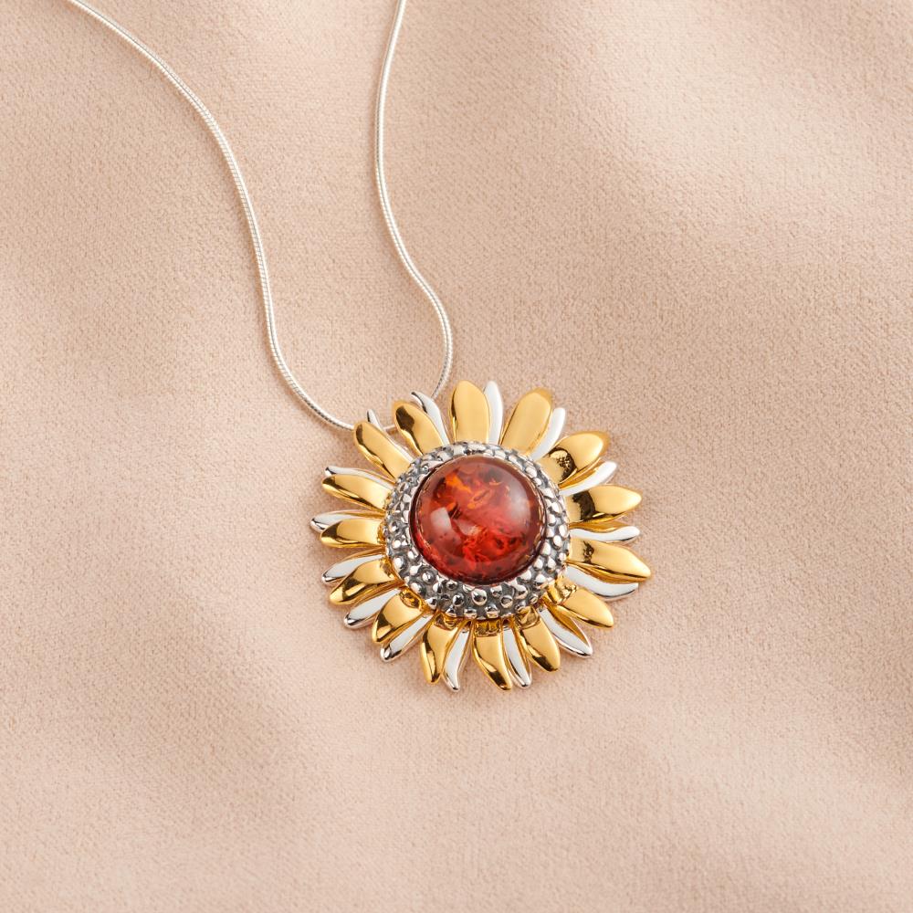 Baltic Amber Sunflower Pendant - Silver