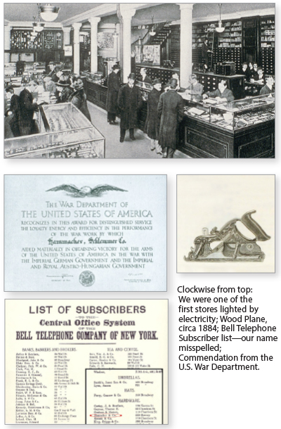 lockwise from top:We were one of the first stores lighted by electricity; Wood Plane, circa 1884; Bell Telephone Subscriber list?our name misspelled; Commendation from the U.S. War Department.
